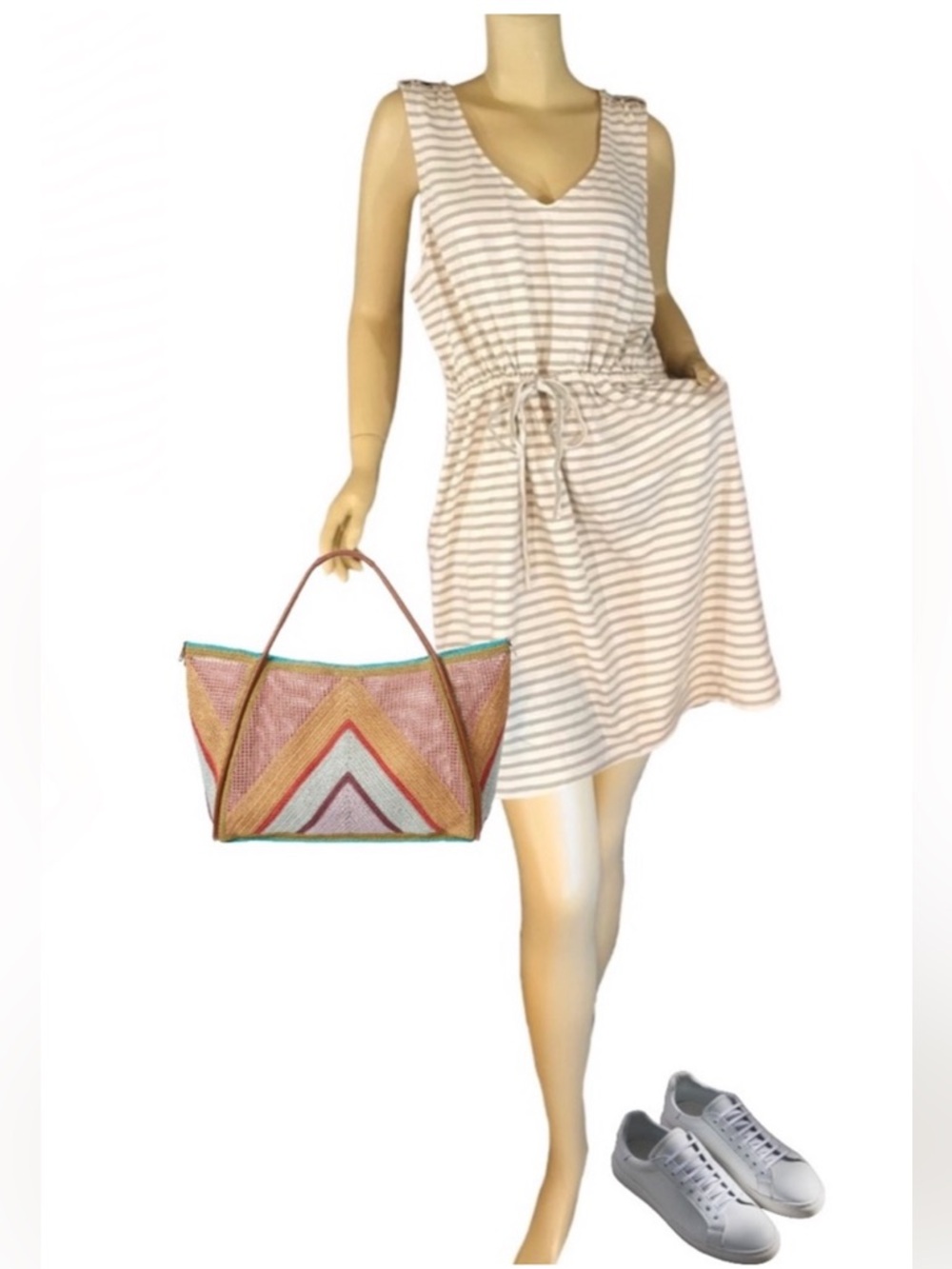 J. CREW COTTON KNIT DRAWSTRING WAIST BEIGE AND WHITE STRIPED CASUAL DRESS (XL)